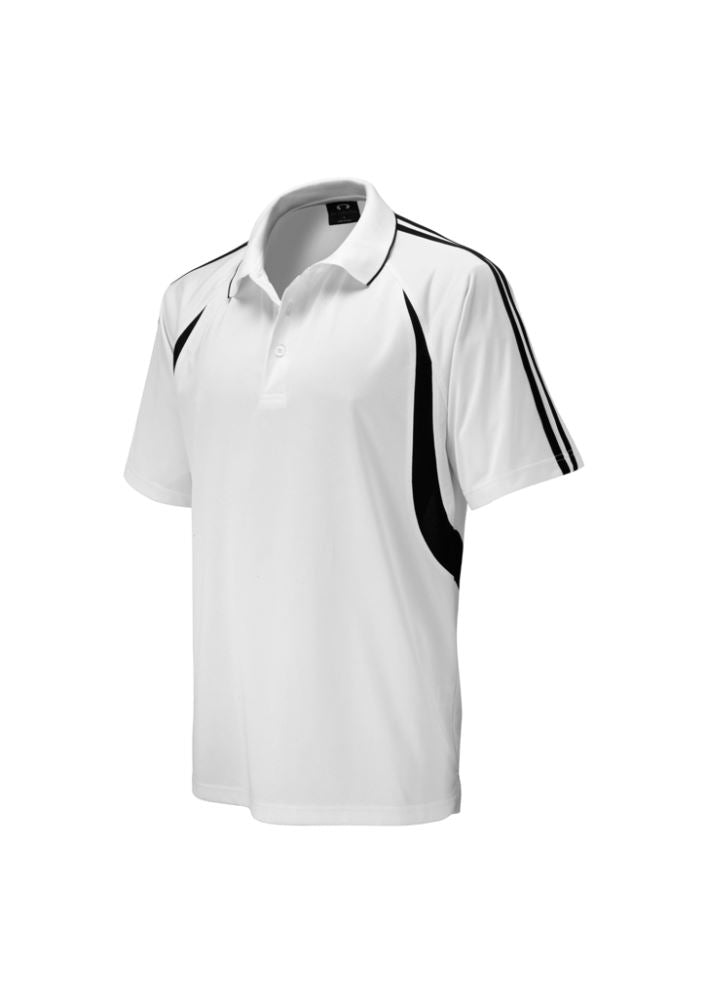 Kids Flash Polo in White/Black, Size 16, featuring breathable, snag-resistant fabric and stylish contrast details for comfort and mobility.