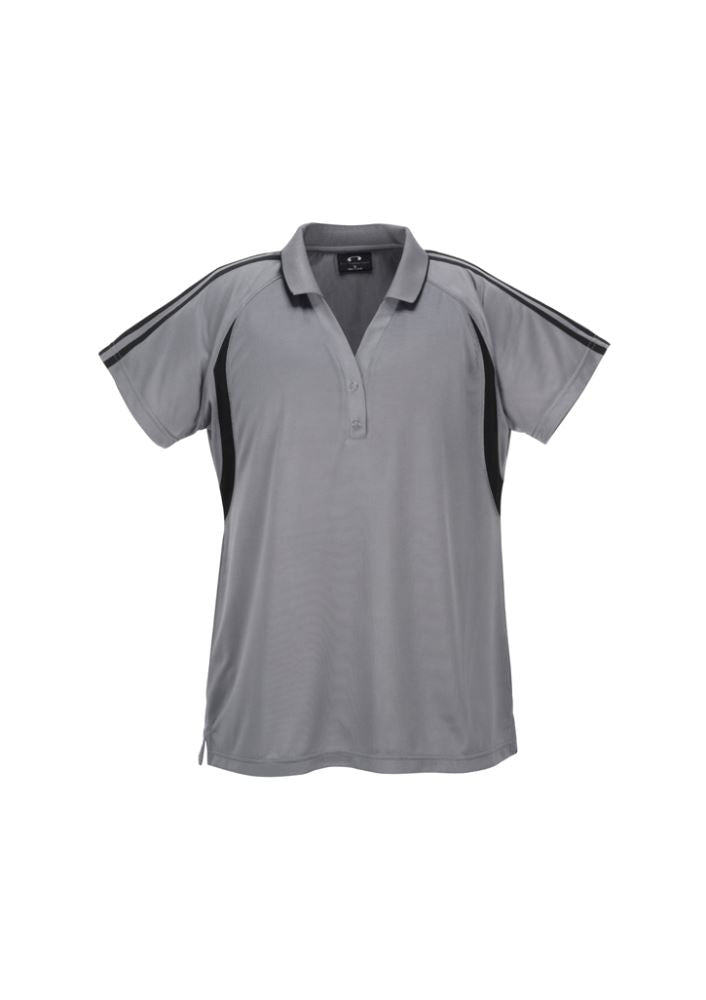 Ladies Flash Polo in Ash/Black, Size 14, featuring breathable fabric, stylish V-placket, and elegant stripe detail.