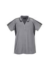 Ladies Flash Polo in Ash/Black, Size 14, featuring breathable fabric, stylish V-placket, and elegant stripe detail.