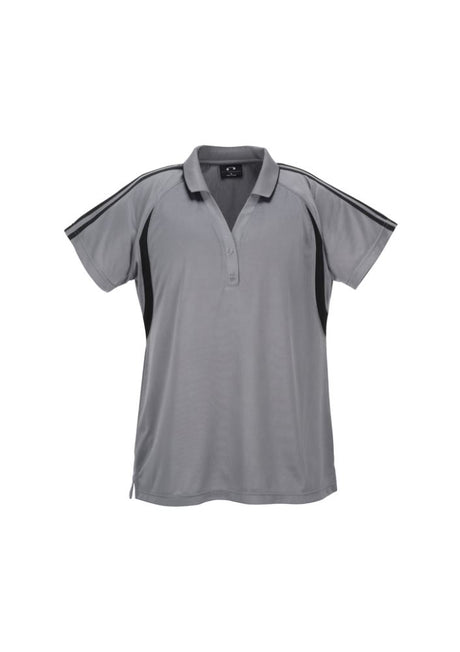 Ladies Flash Polo in Ash/Black, Size 14, featuring breathable fabric, stylish V-placket, and elegant stripe detail.