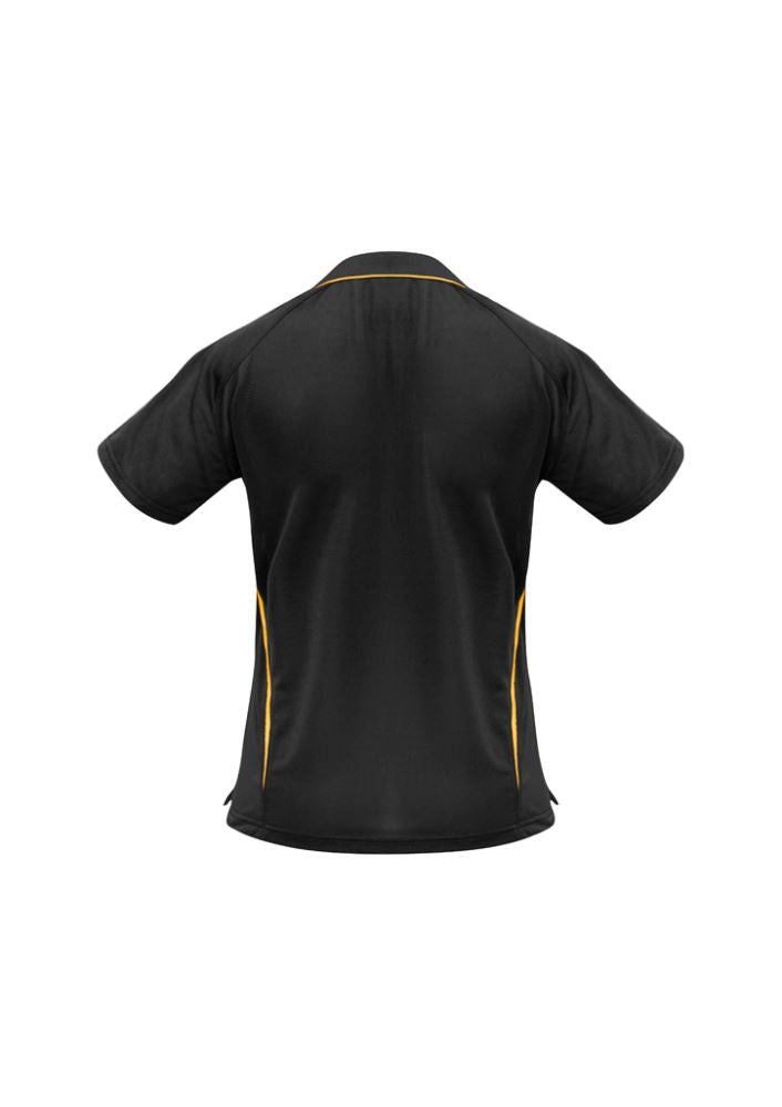 Ladies Flash Polo in black and gold, size 22, featuring breathable fabric, V placket, and stylish contrast stripes.
