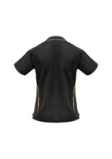 Ladies Flash Polo in black and gold, size 22, featuring breathable fabric, V placket, and stylish contrast stripes.