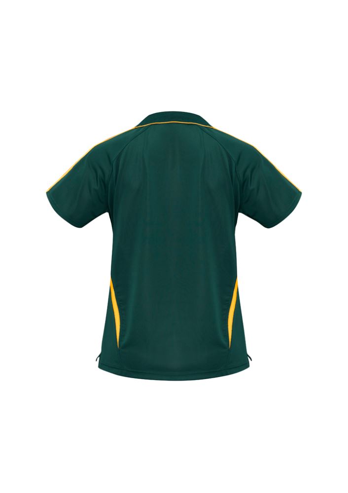 Ladies Flash Polo in Forest/Gold, Size 18, featuring breathable polyester, stylish V-placket, and sporty contrast stripes.