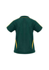 Ladies Flash Polo in Forest/Gold, Size 18, featuring breathable polyester, stylish V-placket, and sporty contrast stripes.