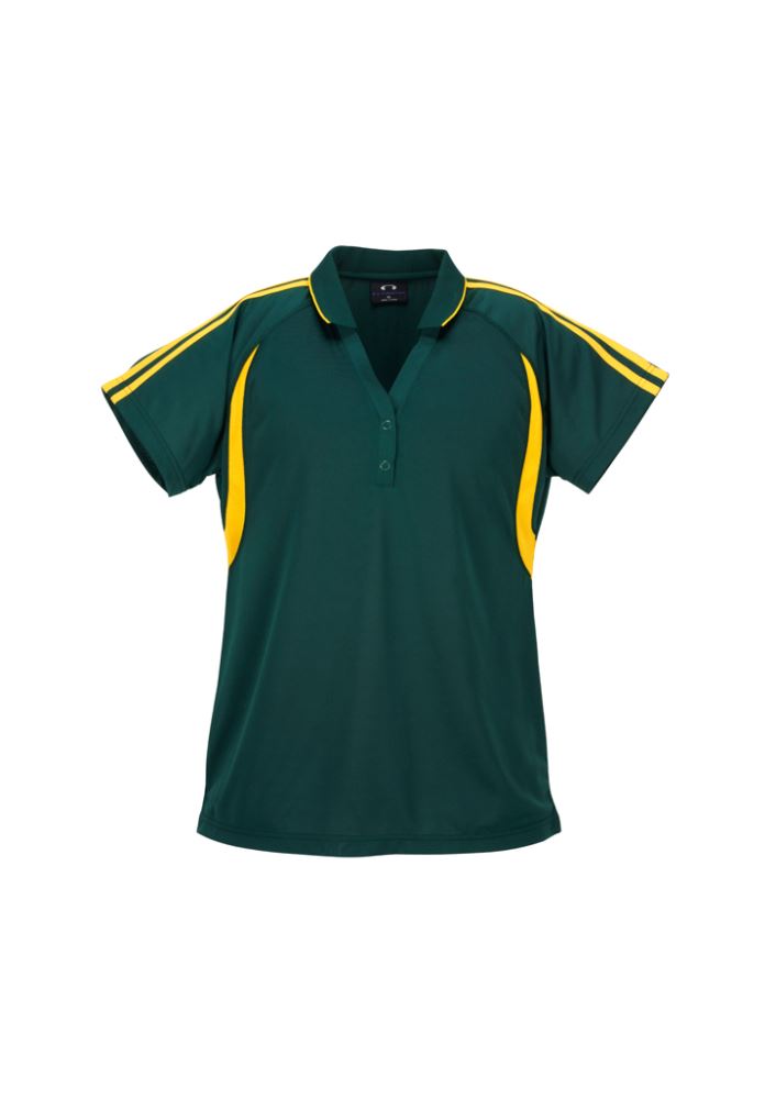 Ladies Flash Polo in Forest/Gold, Size 18, featuring breathable fabric, stylish V placket, and sporty contrast stripes.