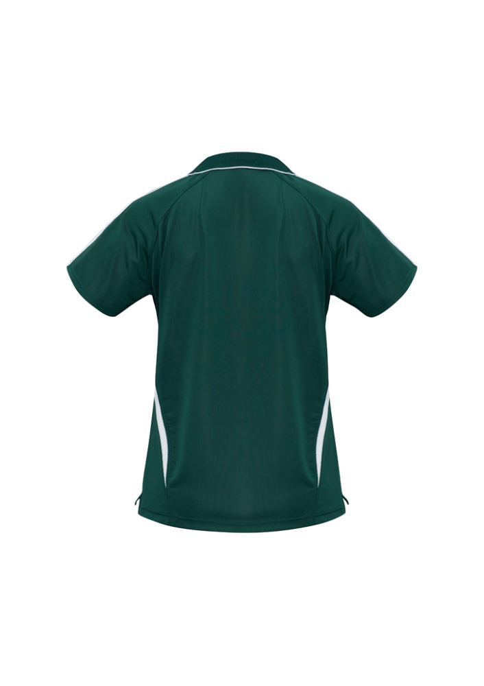 Ladies Flash Polo in Forest/White, Size 16, featuring breathable polyester, stylish stripes, and side splits for comfort.