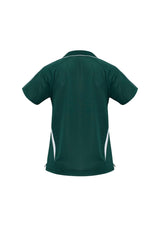 Ladies Flash Polo in Forest/White, Size 12; breathable polyester, stylish V-placket, contrast stripes, and side splits for comfort.