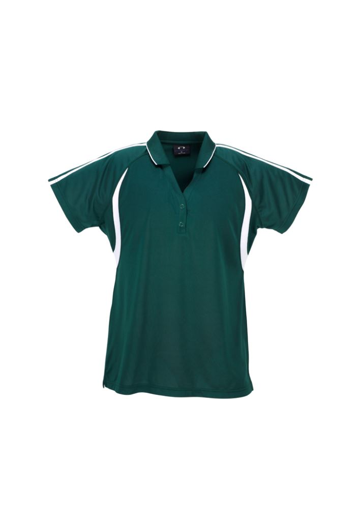 Ladies Flash Polo in Forest/White, Size 16; breathable, snag-resistant fabric with stylish contrast stripes and side splits for comfort.