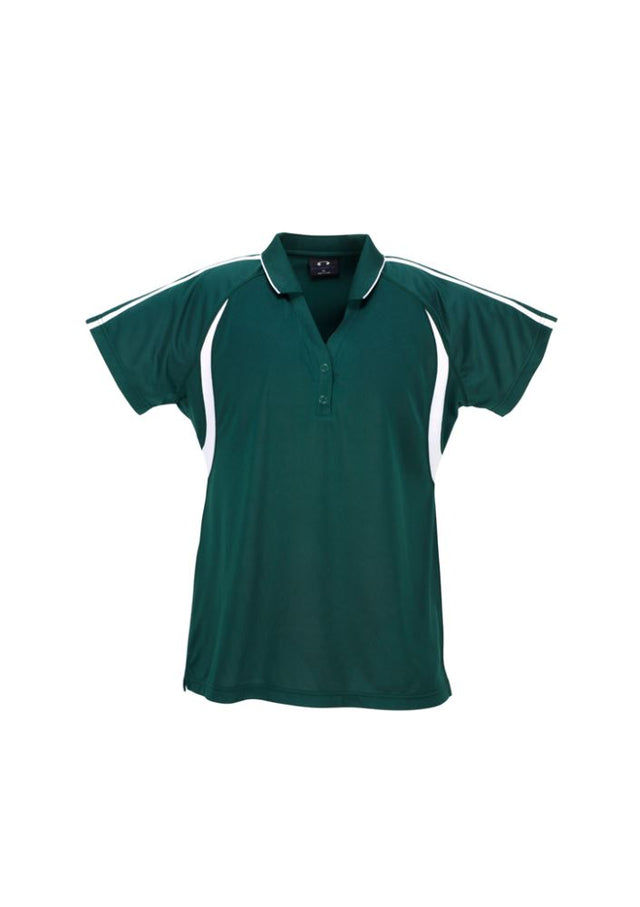 Ladies Flash Polo in Forest/White, Size 16; breathable, snag-resistant fabric with stylish contrast stripes and side splits for comfort.