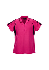 Ladies Flash Polo in hot pink and black, size 16, features breathable polyester, stylish design, and comfort for casual outings.