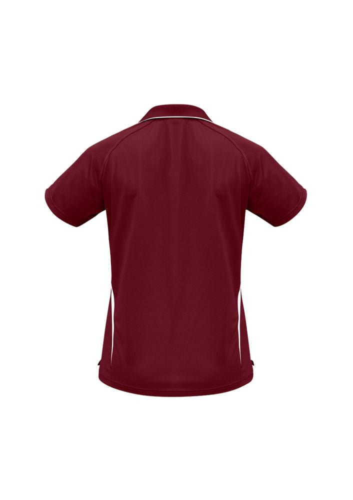 Ladies Flash Polo in maroon and white, size 22, featuring breathable fabric, stylish stripes, and a sophisticated 'V' placket.
