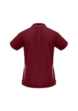 Ladies Flash Polo in maroon and white, size 22, featuring breathable fabric, stylish stripes, and a sophisticated 'V' placket.