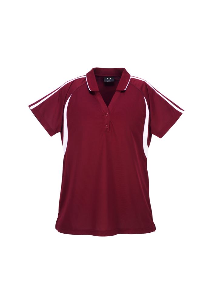 Ladies maroon and white polo shirt with V placket, side splits, and curved panel design, size 22, from Biz Collection.