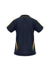 Ladies Navy/Gold Flash Polo, Size 14, featuring breathable fabric, modern V placket, and stylish contrast stripes for active wear.