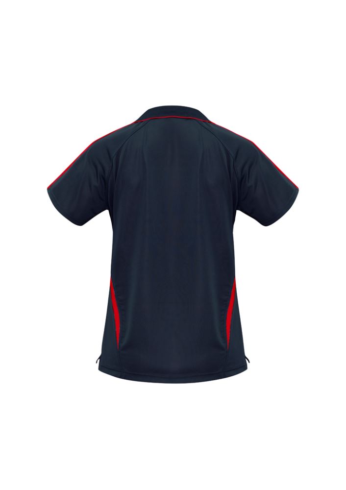 Ladies Flash Polo in Navy/Red, featuring breathable fabric, stylish V-placket, and flattering side splits, size 12.