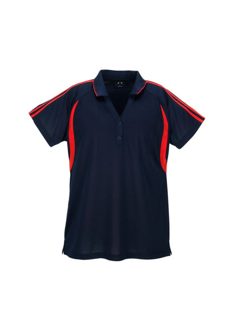 Navy/Red Ladies Flash Polo, Size 16, featuring breathable fabric, stylish 'V' placket, and sporty contrast stripes.