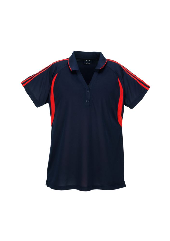Navy and red Ladies Flash Polo featuring breathable fabric, stylish V placket, and flattering side splits, size 12.