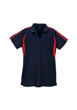 Navy and red Ladies Flash Polo featuring breathable fabric, stylish V placket, and flattering side splits, size 12.