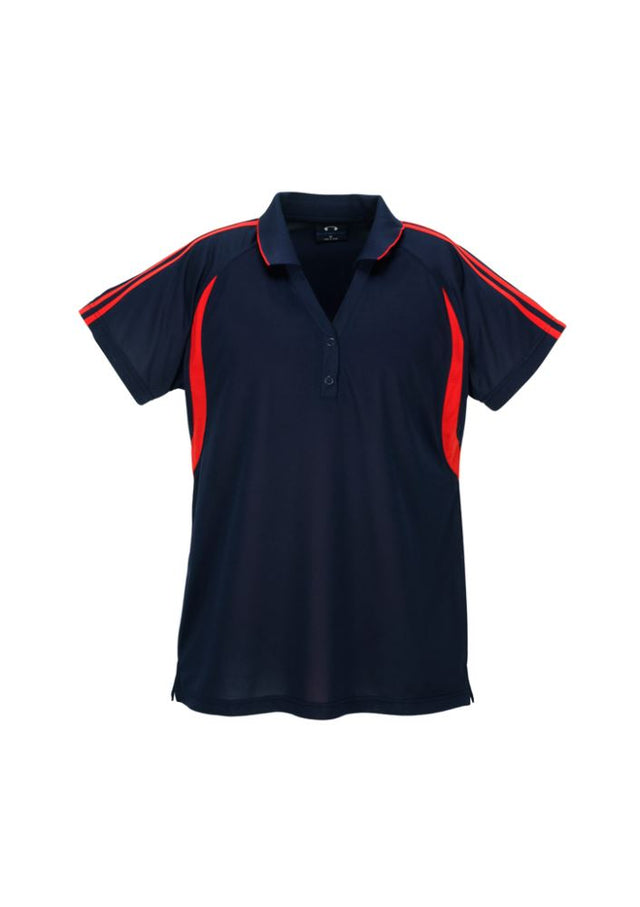 Navy and red Ladies Flash Polo featuring breathable fabric, stylish V placket, and flattering side splits, size 12.