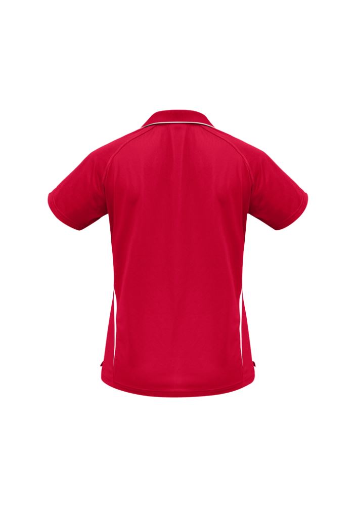 Ladies Flash Polo in red and white, size 10, featuring breathable polyester, stylish V placket, and contrast stripes.