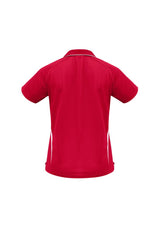 Ladies Flash Polo in red and white, size 10, featuring breathable polyester, stylish V placket, and contrast stripes.