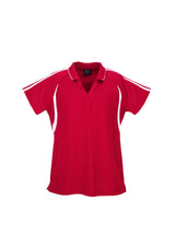 Ladies Flash Polo in vibrant Red/White, size 10, featuring breathable fabric, stylish placket, and side splits for comfort.