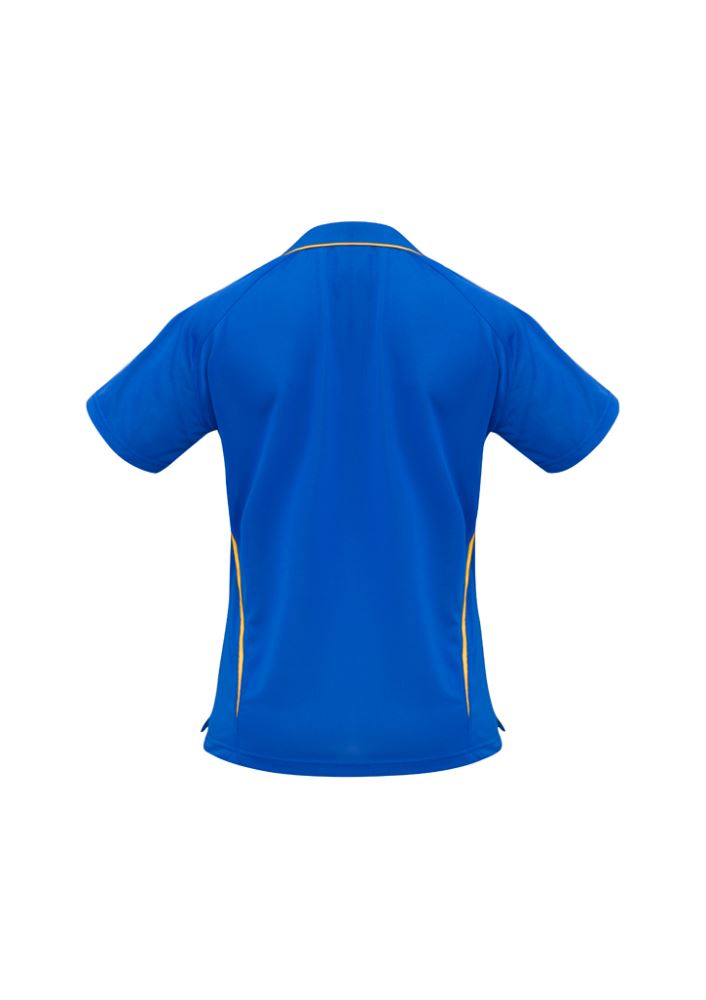Ladies Flash Polo in Royal/Gold, Size 10, featuring breathable polyester, stylish press studs, and sporty contrast stripes.