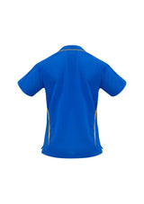Ladies Flash Polo in Royal/Gold, Size 10, featuring breathable polyester, stylish press studs, and sporty contrast stripes.