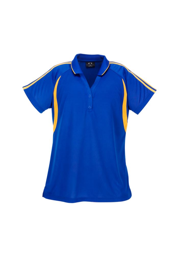 Ladies Flash Polo in Royal/Gold, Size 10, featuring breathable fabric, sporty design, and stylish press stud placket.