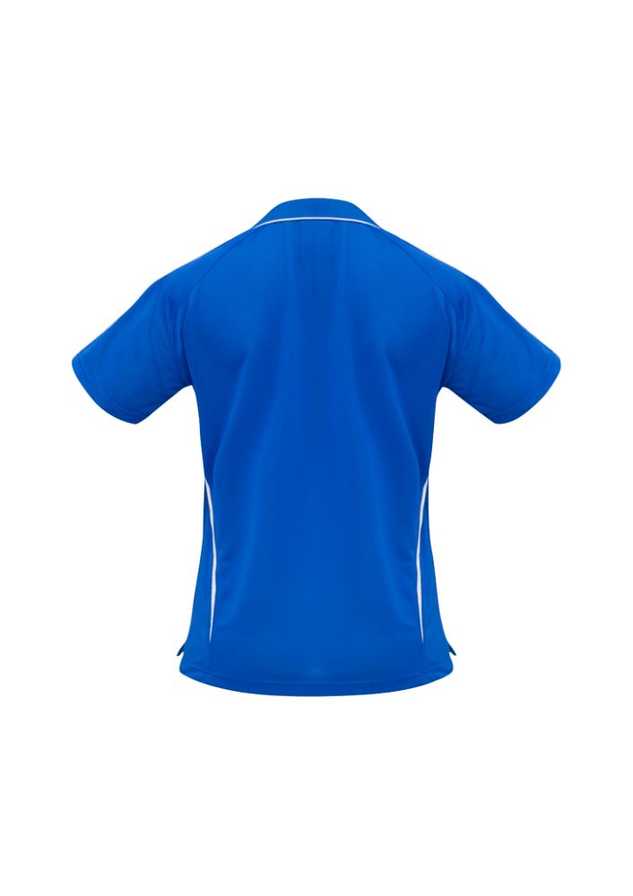 Ladies Flash Polo in Royal and White, Size 24, features breathable polyester, stylish V placket, and side splits for comfort.