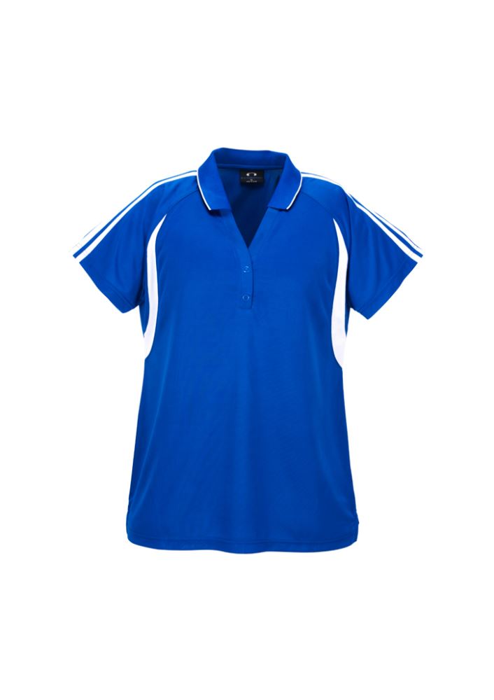 Ladies Flash Polo in Royal and White, Size 24, features breathable fabric, stylish placket, and sporty stripes for comfort.
