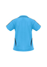 Sky/Navy Ladies Flash Polo, Size 20, featuring V placket, contrast stripes, and breathable snag-resistant fabric.
