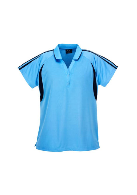 Stylish Ladies Flash Polo in Sky/Navy, Size 8, with breathable fabric, V-placket, and trendy contrast stripes.