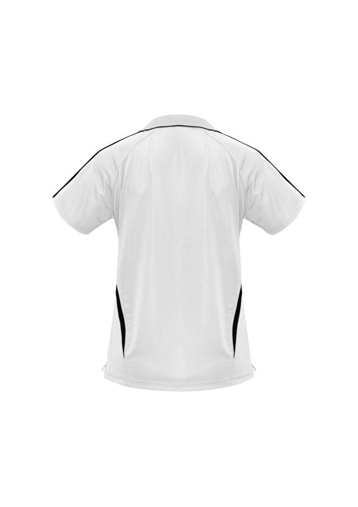 Ladies Flash Polo in white and black with stylish open 'V' placket and contrast stripes, size 14, by Biz Collection.