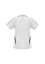 Ladies Flash Polo in white and black with stylish open 'V' placket and contrast stripes, size 14, by Biz Collection.