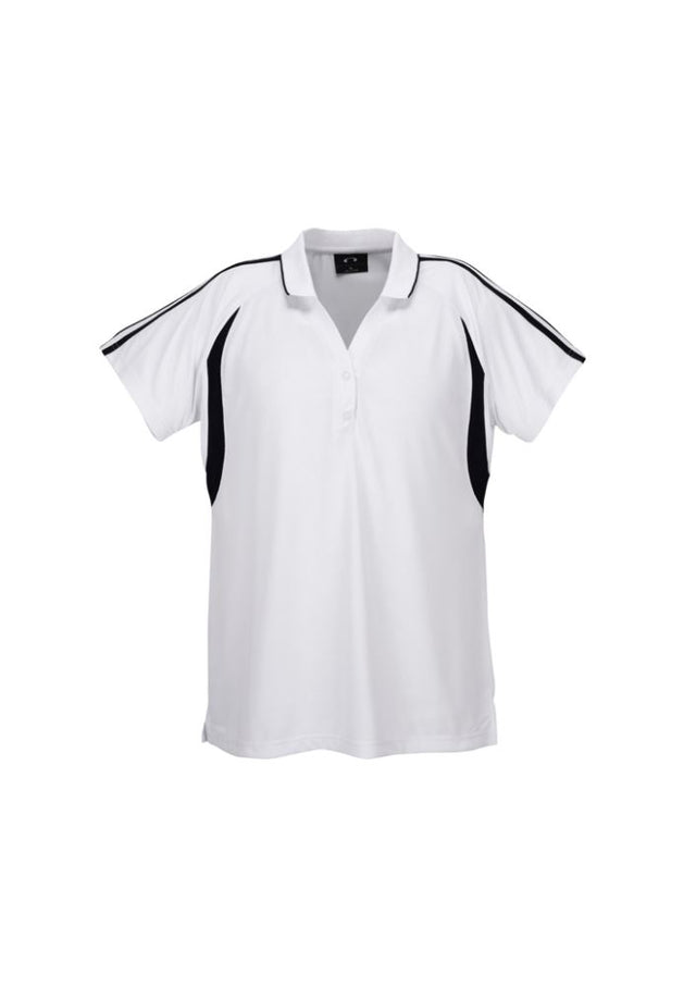 Ladies Flash Polo in White/Black, size 20, featuring breathable fabric, elegant V-placket, and stylish contrast stripes.
