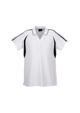 Ladies Flash Polo in white and black, featuring a chic V-placket, press studs, and breathable snag-resistant fabric.