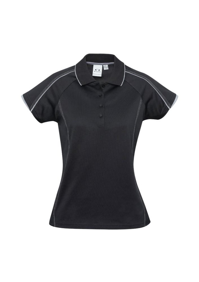 Ladies Blade Polo in Black and Silver Grey, size 16, featuring raglan sleeves, contrast trim, and BIZ COOL™ fabric for comfort.