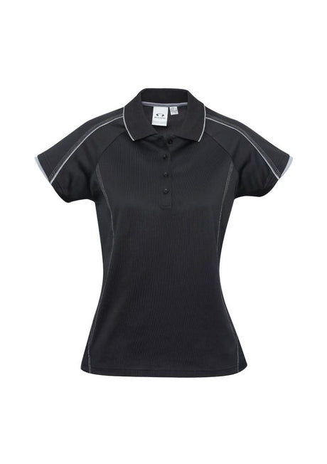 Ladies Blade Polo in black and silver grey, size 10, featuring soft-touch fabric, raglan sleeves, and a stylish knitted collar.