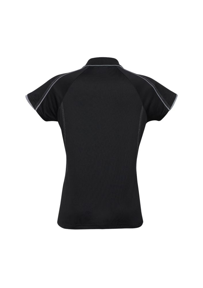 Ladies Blade Polo in Black and Silver Grey, size 16, featuring stylish raglan sleeves and contrast trim for a chic look.