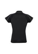 Ladies Blade Polo in Black and Silver Grey, size 16, featuring stylish raglan sleeves and contrast trim for a chic look.
