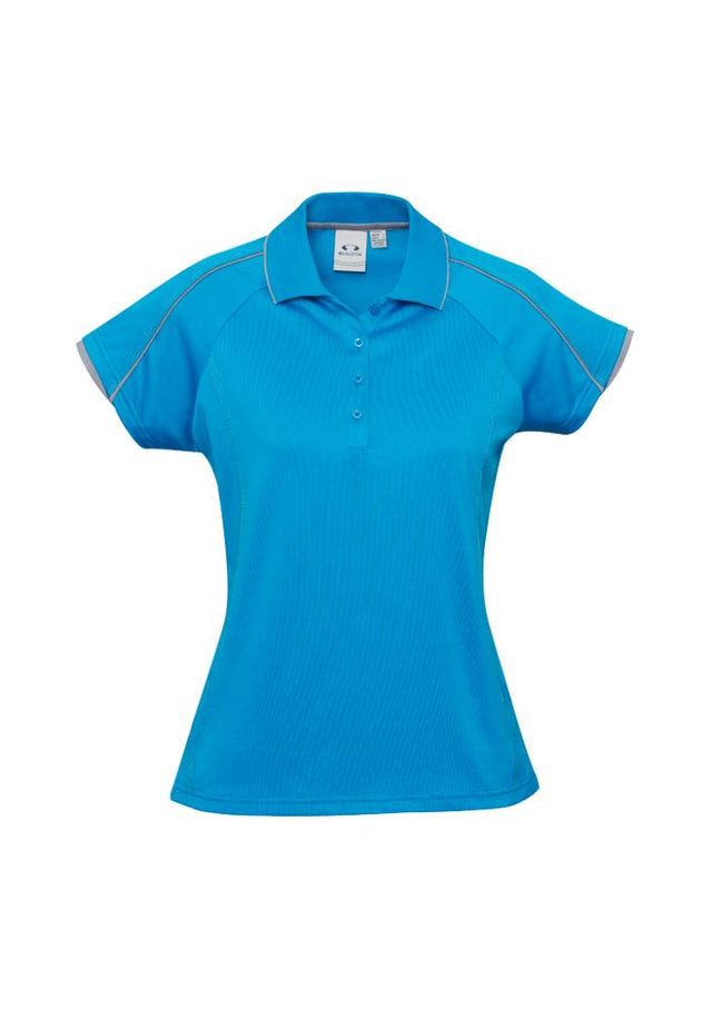 Ladies Blade Polo in Cyan and Silver Grey, Size 14, featuring soft-touch fabric, contrast details, and stylish raglan sleeves.