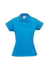 Ladies Blade Polo in Cyan and Silver Grey, size 22, featuring raglan sleeves and a knitted collar with contrast tipping.