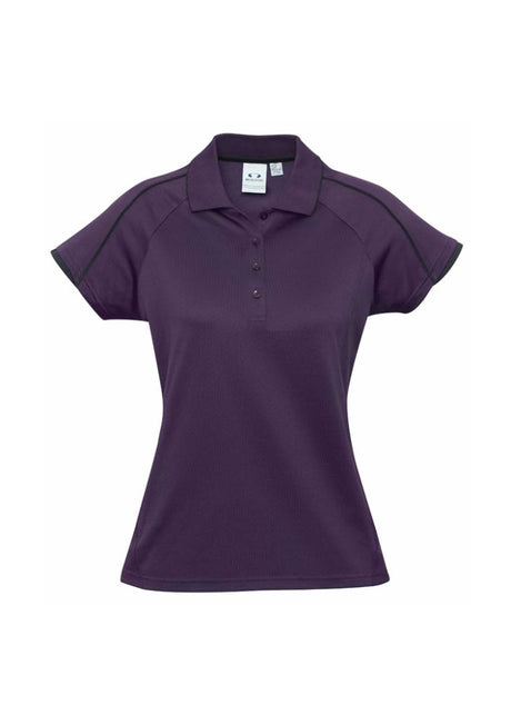 Ladies Blade Polo in Grape/Black, Size 18, featuring soft-touch fabric, UPF protection, and chic raglan sleeves.