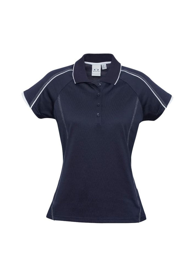 Ladies Blade Polo in Navy/White, Size 8, featuring soft BIZ COOL fabric, raglan sleeves, and stylish contrast details.