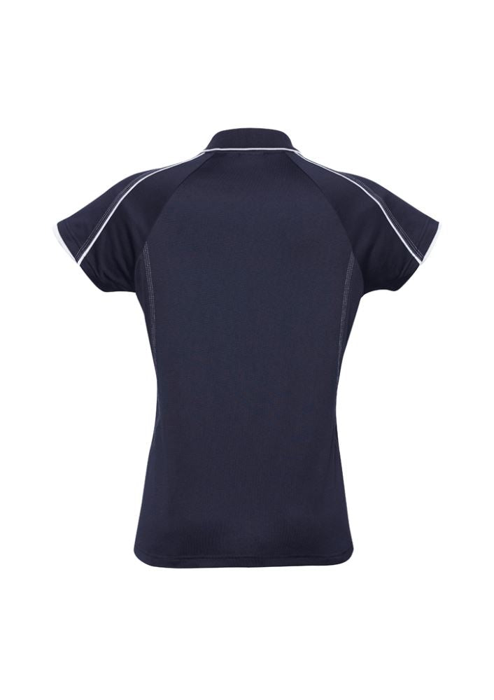 Navy/white ladies polo size 12 with raglan sleeves, knitted collar, and UPF protection from Biz Collection.