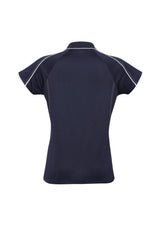 Navy/white ladies polo size 12 with raglan sleeves, knitted collar, and UPF protection from Biz Collection.