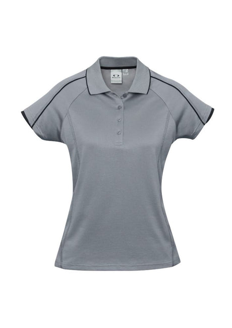 Ladies Blade Polo in Silver Grey and Black, featuring breathable fabric, raglan sleeves, and stylish contrast details in size 6.