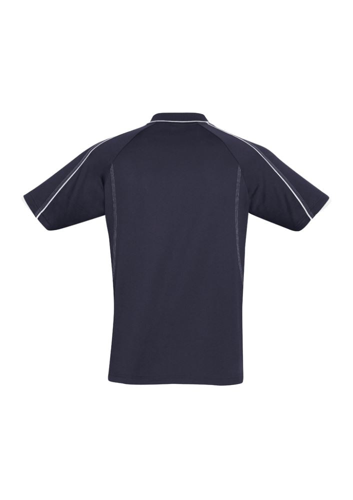 Men's Blade Polo in Navy/White, Size S, with soft-touch jersey, UPF protection, raglan sleeves, and knitted collar.