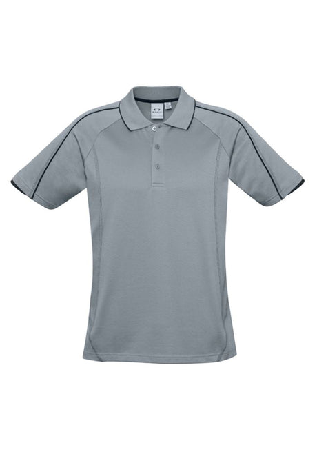 Men's Blade Polo in Silver Grey/Black, featuring comfortable BIZ COOL™ fabric, raglan sleeves, and a practical pocket. Size M.